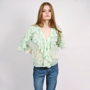 Y2K Ruffle Blouse (m) medium mint green vintage top sheer floral dainty office